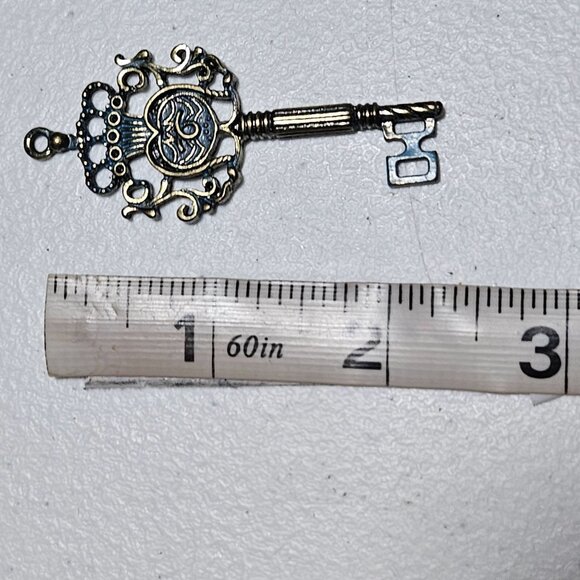 Vintage Ornate Brass Skeleton Key Pendant Crown Heart Design Blue Accents - Picture 4 of 4